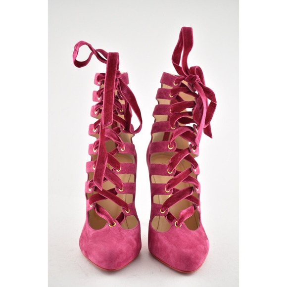 Christian Louboutin Spinetita 100 Loulou Pink Lace Up Sandal Heel Bootie 37.5 - Picture 6 of 12
